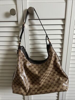Gucci Brown Beige Monogram Hobo Shoulder Bag